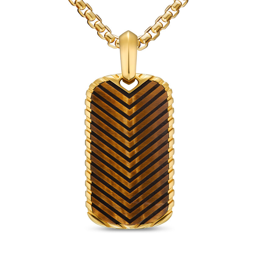 Chevron Tag in 18K Yellow Gold with Tiger's Eye, 34mm