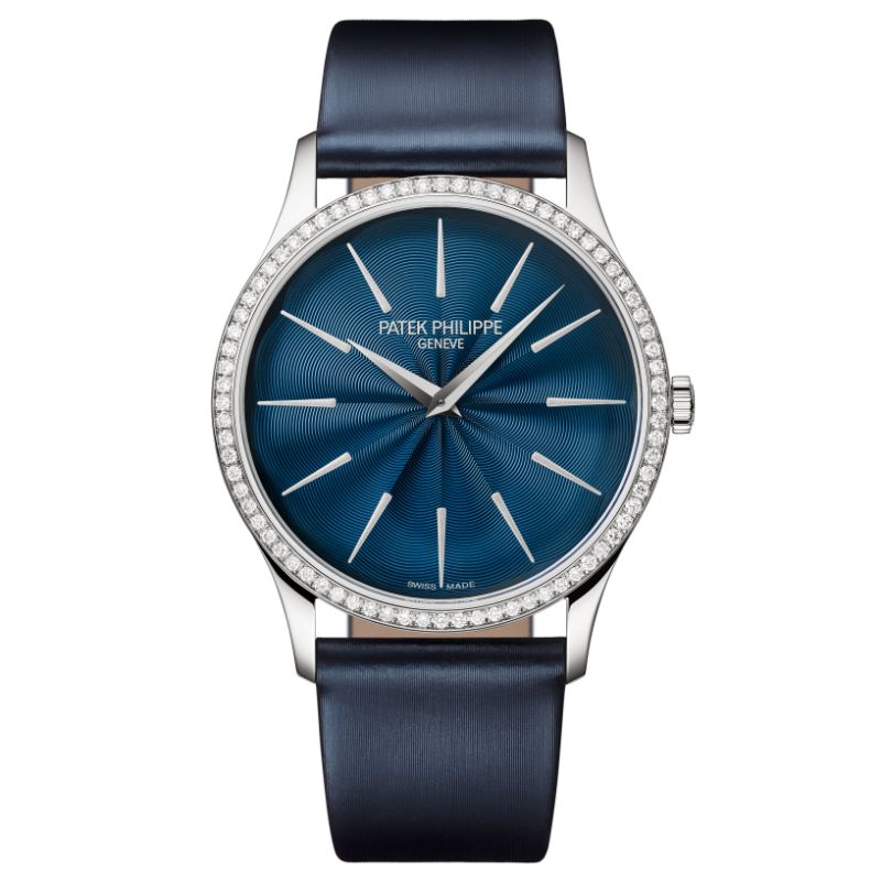 18K White Gold 35Mm Auto0.55Tw Dia Bezel Midnight Blue Guilloche Lacquered Dial Navy Strap