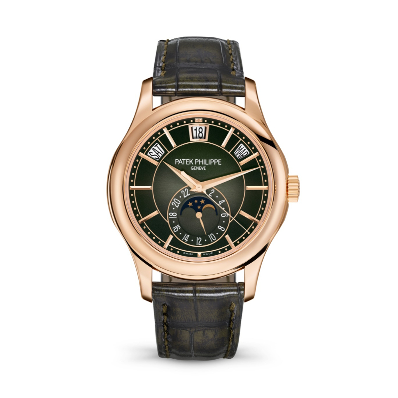 18K Rose Gold 40Mmauto Olive Green Dial Two Tone Green Hand Patinated Alligator Strap Moonphase Subdial Annual Calendar