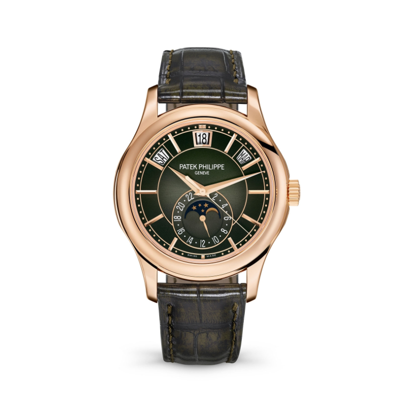 18K Rose Gold 40Mmauto Olive Green Dial Two Tone Green Hand Patinated Alligator Strap Moonphase Subdial Annual Calendar