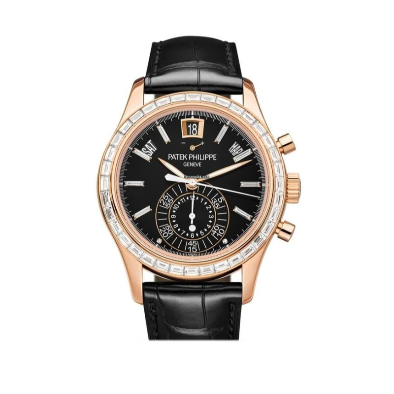 4.68Tw 18K Rose Gold 40Mm Auto Chrono Annual Calendar Baguette Dia Bezel Black Dia Dial Black Gator Strap Dias At Clasp