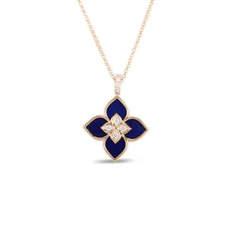 18K Rose Gold Venetian Princess Collection Blue Lapis and Diamond Flower Necklace