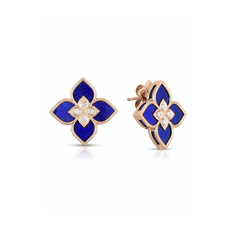 18K Rose Gold Venetian Princess Collection Blue Lapis and Diamond Flower Stud Earrings